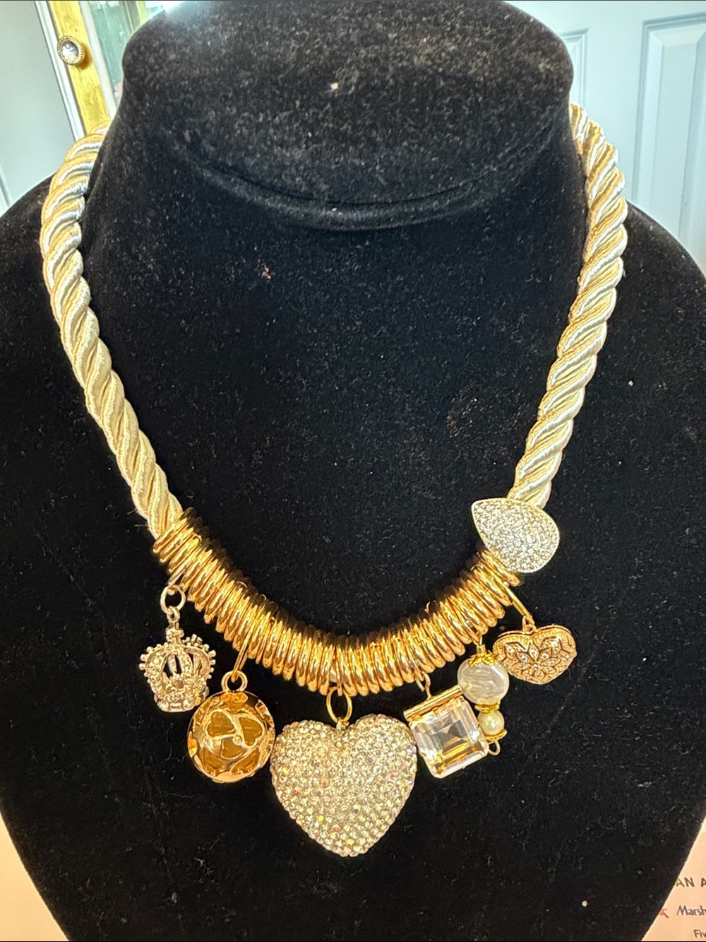 Gold-Tone Heart Charm Statement Necklace on White Rope.Beautiful with white tee!